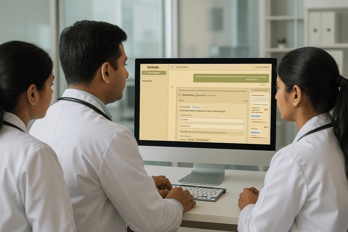 Healthcare professionals using DxVeda system in a modern hospital setting, viewing patient data and recommendations on screens